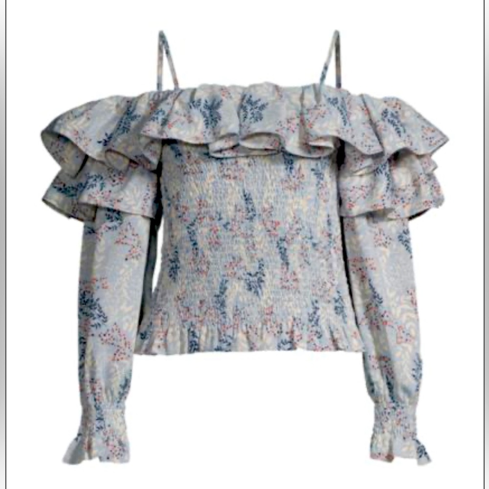 Gracia Blue and Pink Floral Ruffle Blouse. Floral Cold-Shoulder Top!